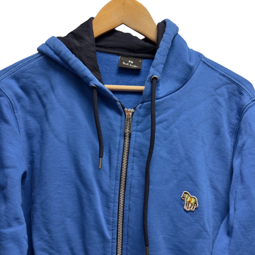 Paul Smith Men's Mediu Blue Full Zip Hoodie Jacket Zebra Logo Organic Cotton euc